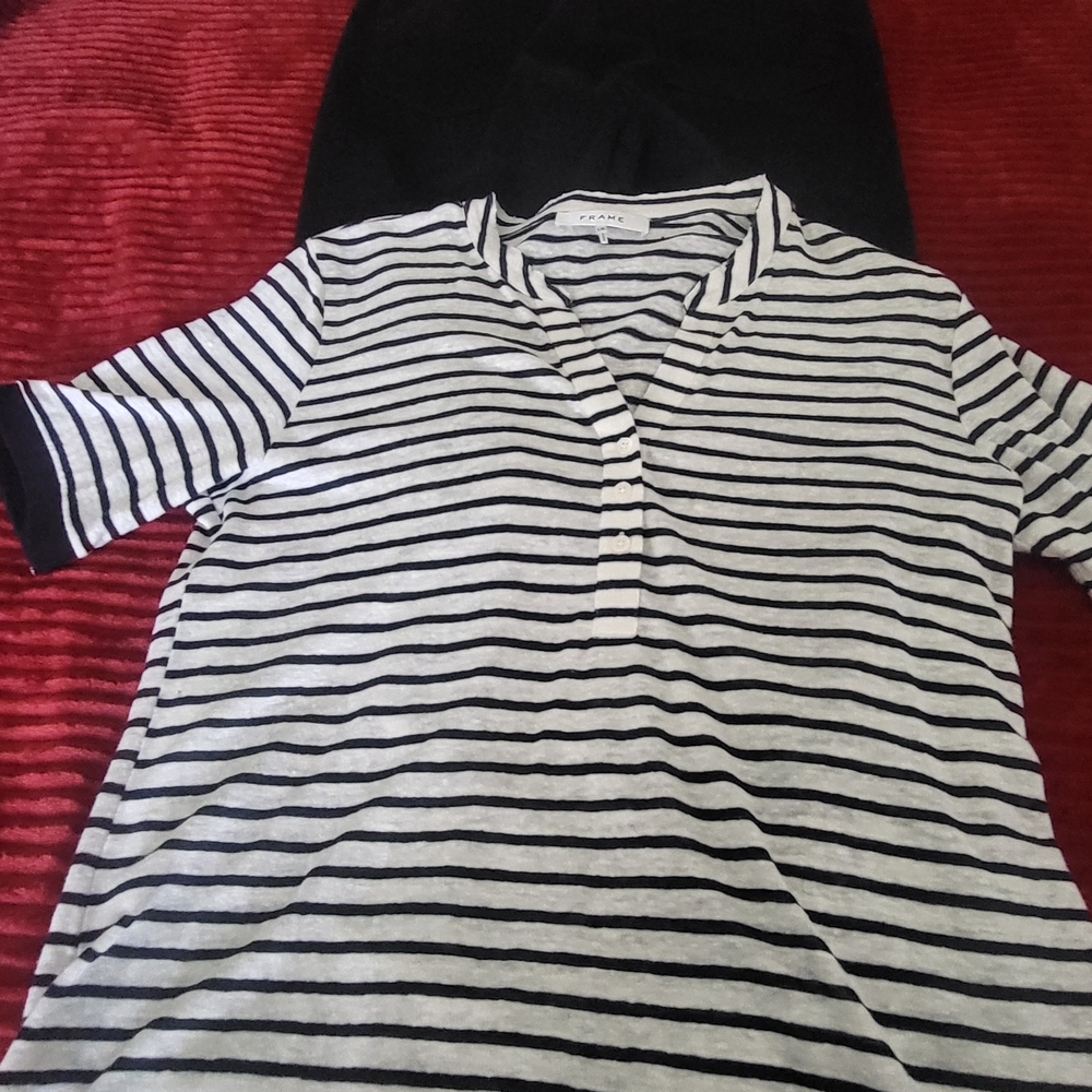 Frame Denim Womens' Black & White Striped Short Sleeve Top